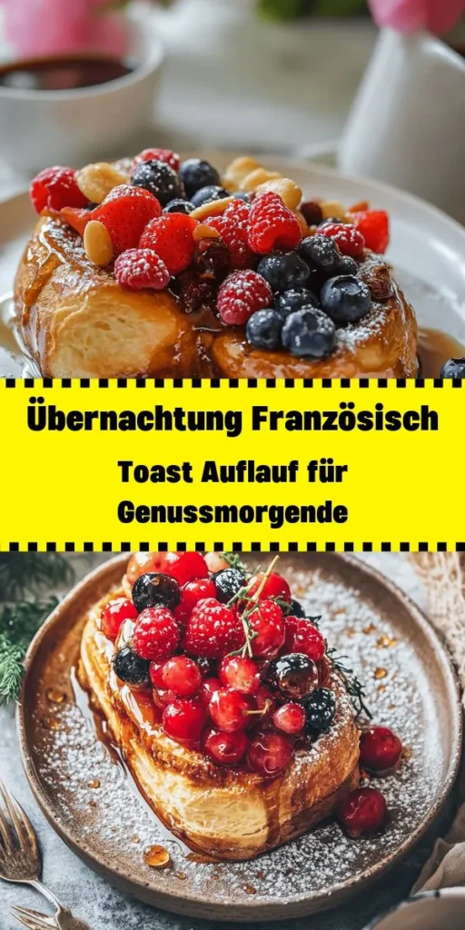 Entdecke dieses köstliche Rezept für Übernachtung Französischen Toast Auflauf! Perfekt für ein entspanntes Frühstück oder Brunch, wird dieses Gericht aus Brioche oder Challah und einer cremigen Mischung aus Eiern, Milch und Sahne zubereitet. Mit frischen Beeren und optional Walnüssen sorgt es für einen fruchtigen Kick. Bereite es am Vorabend vor und backe es am nächsten Morgen für ein warmes, süßes Vergnügen. Ideal für deine nächste Zusammenkunft!
