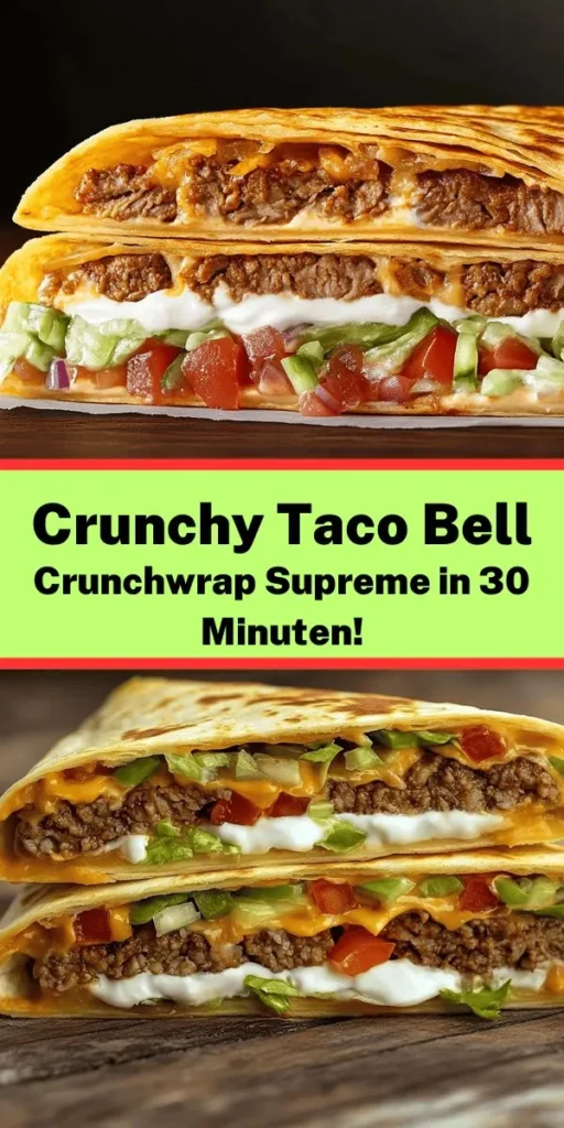 Genieße die köstlichen Aromen des Taco Bell Crunchwrap Supreme! Dieses einfache Rezept kombiniert würziges Rinderhackfleisch, frischen Salat, schmelzenden Cheddar und würzige Jalapeños, alles eingewickelt in goldbraune Tortillas. Ideal für ein schnelles Mittagessen oder ein geselliges Dinner. In nur 30 Minuten zauberst du 4 Portionen, die garantiert jeden begeistern. Perfekt zum Austauschen von Ideen und für Taco-Abende mit Freunden!