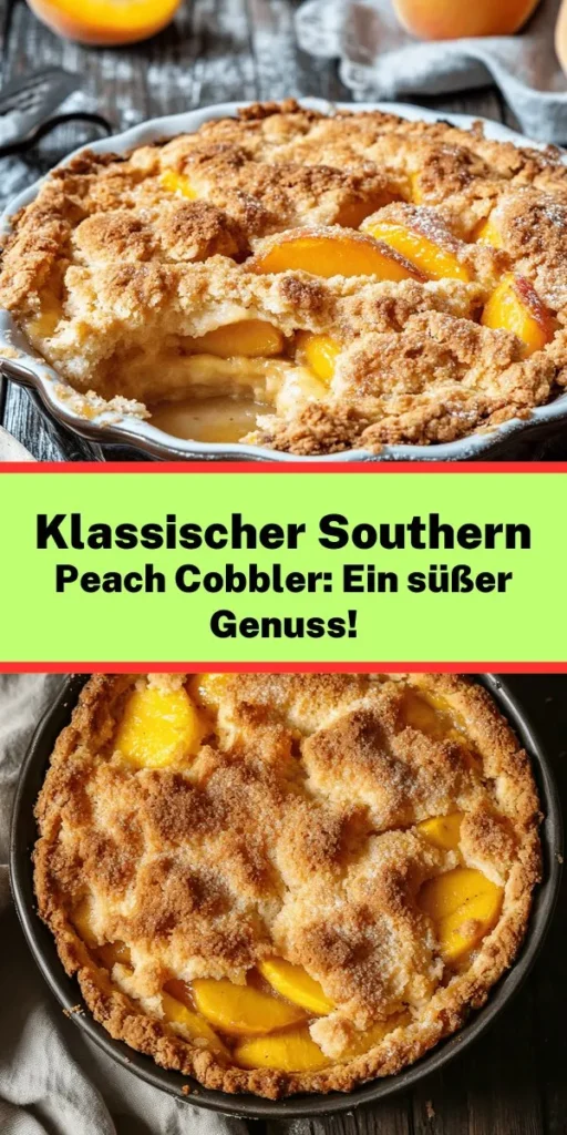 Entdecken Sie den klassischen Southern Peach Cobbler – perfekt für einen süßen Genuss! Mit saftigen, reifen Pfirsichen, einer süßen Teigmischung und dem Hauch von Zimt wird dieses Rezept zum Highlight Ihrer Dessert-Abende. Einfach zuzubereiten und in nur einer Stunde fertig, ideal für 8 Portionen. Genießen Sie ihn warm mit einer Kugel Eis oder pur. Probieren Sie dieses Rezept und bringen Sie den Geschmack des Südens auf Ihren Tisch! 🍑✨