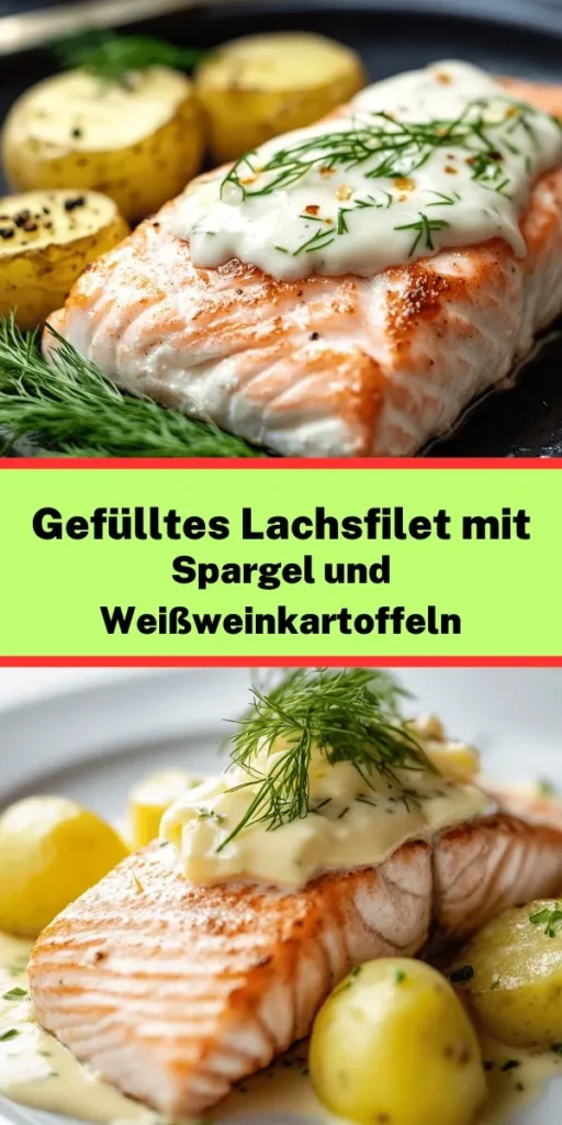 Entdecke dieses köstliche Rezept für gefülltes Lachsfilet mit Spargel und Weißweinkartoffeln! Zarte Lachsfilets werden mit einer cremigen Mischung aus Frischkäse, Dill und Zitrone gefüllt, perfekt abgerundet durch blanched Spargel und aromatische, in Weißwein geschwenkte Kartoffeln. Ideal für ein elegantes Dinner oder besondere Anlässe, beeindruckt dieses Gericht nicht nur im Geschmack, sondern auch auf dem Teller. Probiere es aus und genieße ein Stück kulinarisches Glück!
