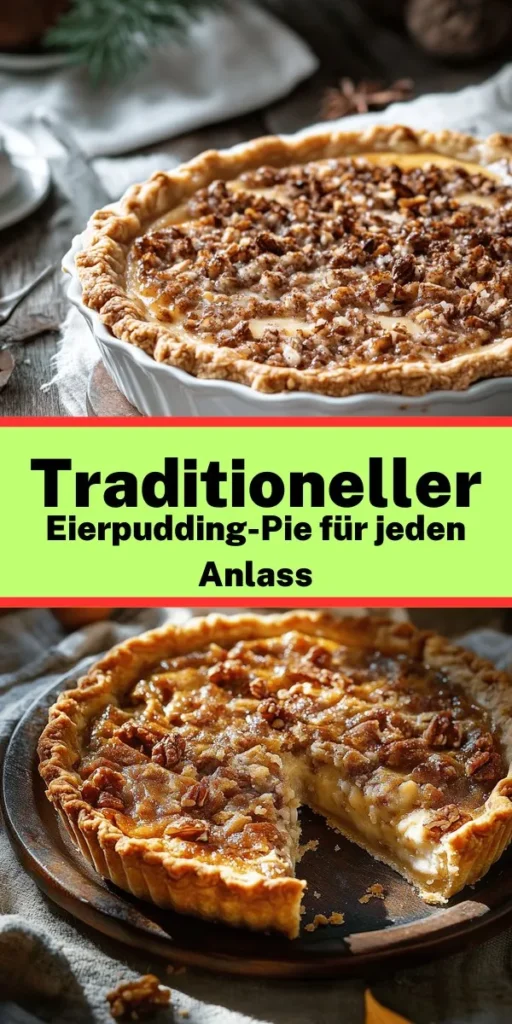 Entdecken Sie unseren traditionellen Eierpudding-Pie, ein köstlicher Klassiker, der einfach zuzubereiten ist! Mit einem knusprigen Pie-Boden, einer cremigen Füllung aus Eiern, Milch, Sahne und einer Prise Vanille, Muskatnuss sowie Zimt wird dieser Pie zum Highlight auf jeder Kaffeetafel. Perfekt für festliche Anlässe oder einfach so zum Genießen! Servieren Sie ihn warm oder kalt und verfeinern Sie ihn mit Schlagsahne oder frischen Früchten. Ein Genuss für die ganze Familie!