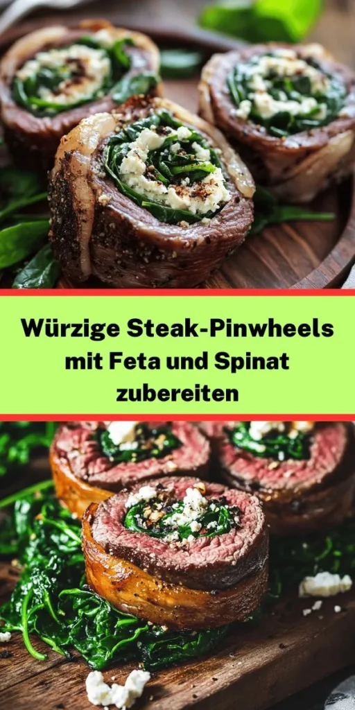 Genieße diese köstlichen Steak-Pinwheels mit würziger Füllung aus frischem Spinat und Feta-Käse. Perfekt für ein tolles Abendessen oder besondere Anlässe! Du bereitest das Rindersteak vor, füllst es mit einer leckeren Mischung aus Knoblauch, Oregano und Paprika und rollst es dann auf. Nach dem Anbraten im Ofen garen die Pinwheels zart und aromatisch. Ideal für alle Fleischliebhaber – einfach unwiderstehlich! Perfekt für 4 Personen.