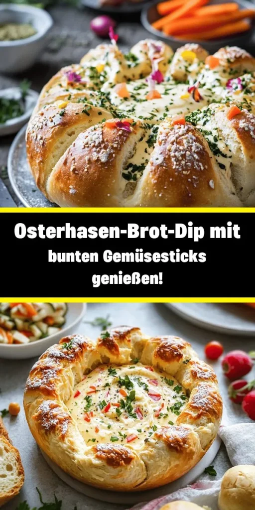 Bereite mit dieser Osterhasen-Brot-Dip-Schale das perfekte Highlight für deine Feier vor! Ein rustikales Roggen- oder Sauerteigbrot wird liebevoll ausgehöhlt und mit einem cremigen Dip aus Frischkäse, Joghurt, Mayonnaise und aromatischen Gewürzen gefüllt. Verleihe deiner Kreation mit Augen aus Beeren und einer Karottennase eine niedliche Note. Serviere das Brot zusammen mit bunten Gemüsesticks und genieße einen unterhaltsamen Snack für 6-8 Personen. Perfekt für Ostern!