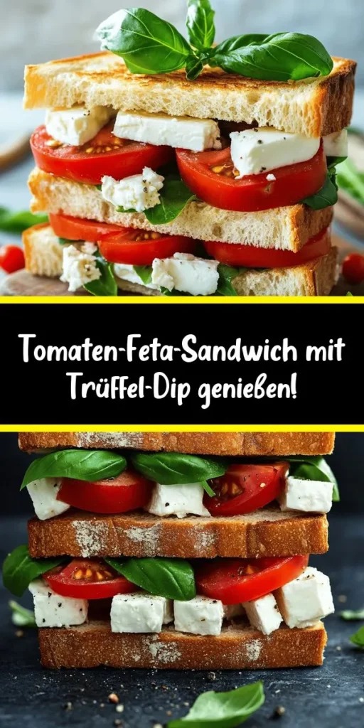 Genieße das köstliche Tomaten-Feta-Genuss-Sandwich mit einem erfrischenden Balsamico-Trüffel-Dip! Dieses einfache, gesundheitsbewusste Rezept vereint cremigen Feta, saftige Tomaten und aromatische rote Zwiebeln auf Vollkornbrot. Ein Hauch von frischem Basilikum und ein köstlicher Dip machen es perfekt für jeden Snack oder Lunch. Bereite es in nur 20 Minuten zu und verwöhne dich mit diesem geschmackvollen Sandwich. Ideal für Feinschmecker!