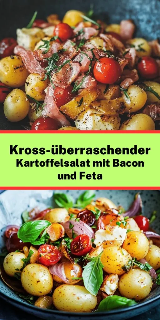 Entdecke den knusprigen Kartoffelsalat mit Überraschungsgeschmack! Diese leckere Kombination aus kleinen festkochenden Kartoffeln, knusprigem Bacon, frischer Gurke und Feta-Käse wird dein neuer Lieblingssalat. Das hausgemachte Dressing aus Olivenöl, Apfelessig, Senf und Honig bringt Aromen, die begeistern. Ideal als Beilage oder Hauptgericht. Bereite deinen Salat in nur 35 Minuten zu und genieße die harmonische Mischung aus Texturen und Geschmack!