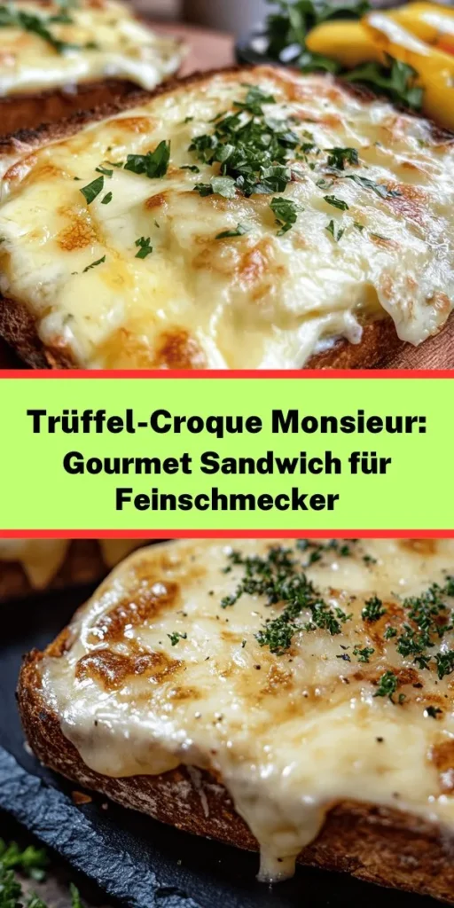 Verwöhne deinen Gaumen mit einem exquisiten Croque Monsieur, der mit einem Hauch von Trüffel verfeinert ist! Dieses Rezept kombiniert kräftiges Bauernbrot mit zartem Schinken und geschmolzenem Gruyère-Käse, alles überzogen mit einer cremigen Trüffel-Bechamelsauce. Ideal für ein herzhaftes Frühstück oder ein entspanntes Mittagessen. In weniger als 40 Minuten zubereitet, wird es deine Geschmacksknospen begeistern und ist perfekt zum Teilen!