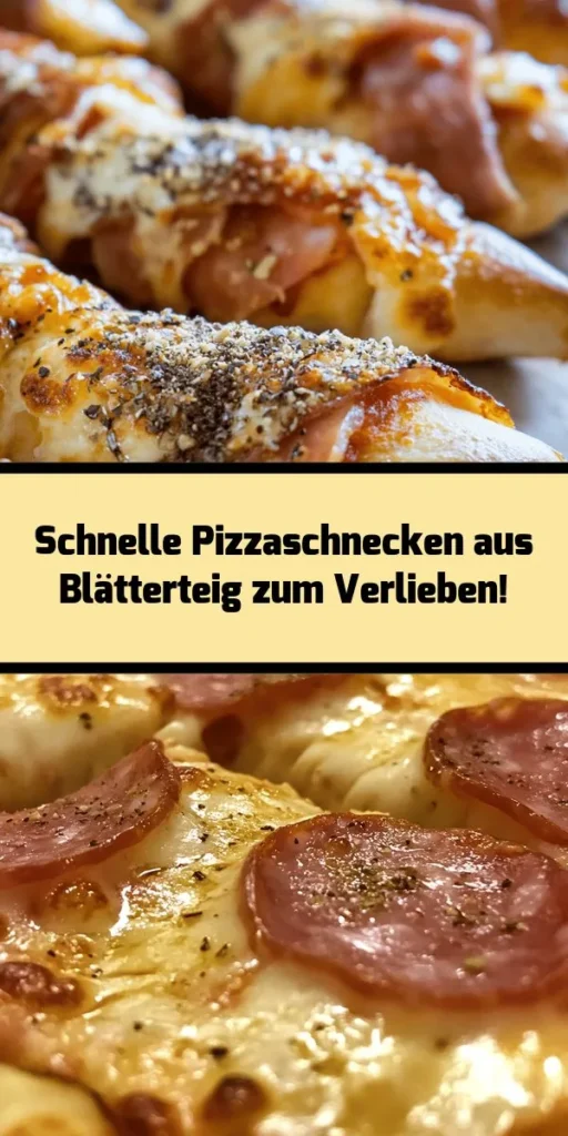 Entdecken Sie diese blitzschnellen Pizzaschnecken! Mit knackigem Blätterteig, köstlicher Tomatensauce, schmelzendem Mozzarella und herzhaftem Schinken oder Salami sind sie der perfekte Snack für jede Gelegenheit. In nur 30 Minuten fertig, sind sie ideal für Partys oder als schneller Snack. Einfach rollen, schneiden und backen – genießen Sie den tollen Geschmack in jedem Bissen! Perfekt für 4 Portionen.