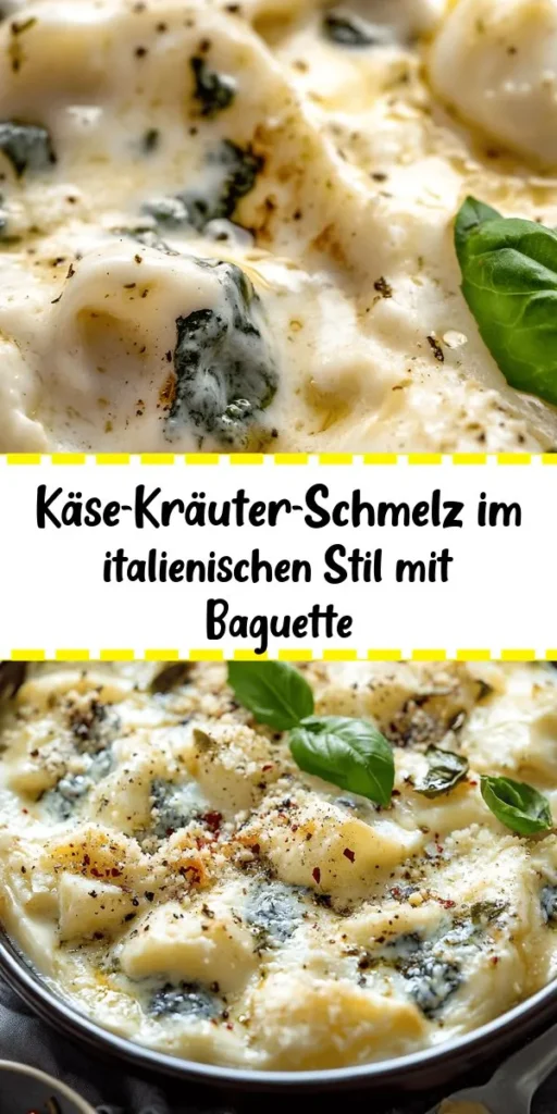 Entdecke die italienische Verführung mit diesem köstlichen Schmelz aus Käse und Kräutern! Mit einer Mischung aus Mozzarella, Parmesan und Gorgonzola, verfeinert mit frischem Knoblauch und Kräutern, wird dieses Gericht zum perfekten Snack oder zur Vorspeise. Einfach die Brote mit der cremigen Masse füllen, backen und genießen! Schnell zubereitet und ideal für gesellige Abende. Lass dir diese Geschmacksexplosion nicht entgehen! 🍞🧀🌿