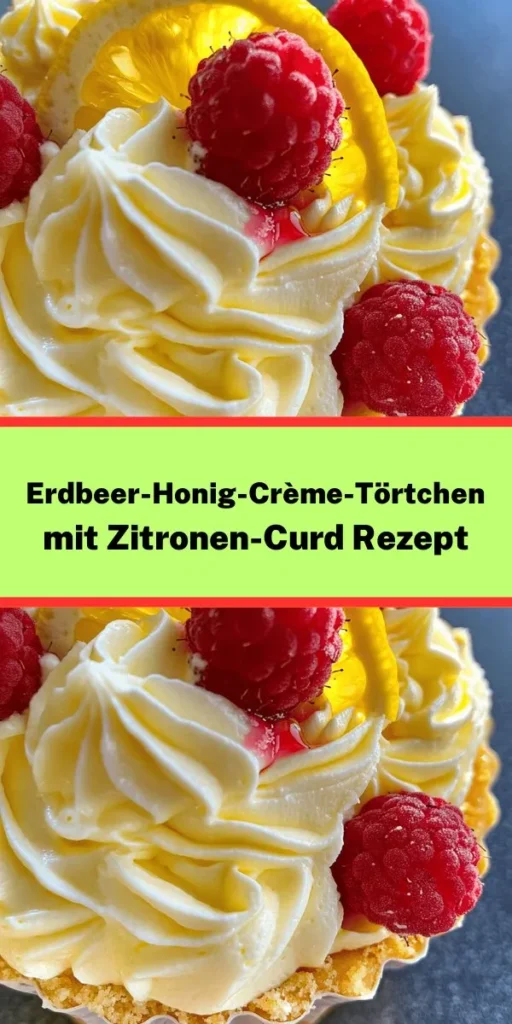 Genieße die perfekte Kombination aus Süße und Säure mit diesen köstlichen Erdbeer-Honig-Crème-Törtchen! Der knusprige Mürbeteig harmoniert wunderbar mit der cremigen Honig-Crème und dem erfrischenden Zitronen-Curd. Garniert mit frischen Erdbeeren und Minzblättern wird dieses Dessert zum Hingucker auf jedem Tisch. Ideal für besondere Anlässe oder einfach zum Verwöhnen deiner Lieben. Probiere es aus und verwandle jeden Bissen in ein Geschmackserlebnis!