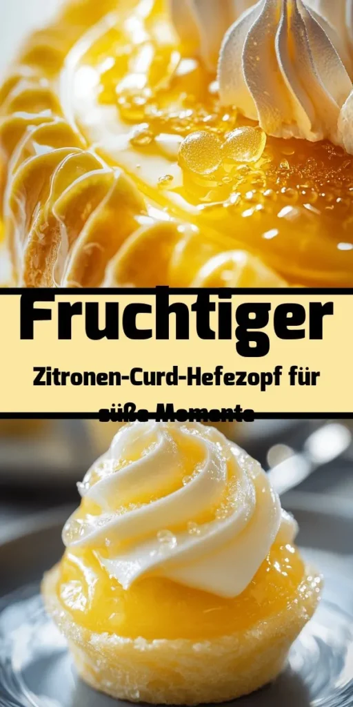 Entdecke das Rezept für einen köstlichen Zitronen-Curd-Hefezopf! Dieses fruchtige Hefegebäck begeistert mit seiner zarten Füllung und ist perfekt für jede Gelegenheit. Der Teig wird mit Weizenmehl, Zucker, Hefe, Milch, Eiern und Butter zubereitet und bekommt durch das Lemon Curd eine erfrischende Note. Nach dem Backen wird der Zopf goldbraun und kann mit Puderzucker bestäubt serviert werden. Ideal für einen feinen Brunch oder als süße Unterstützung zum Kaffee!