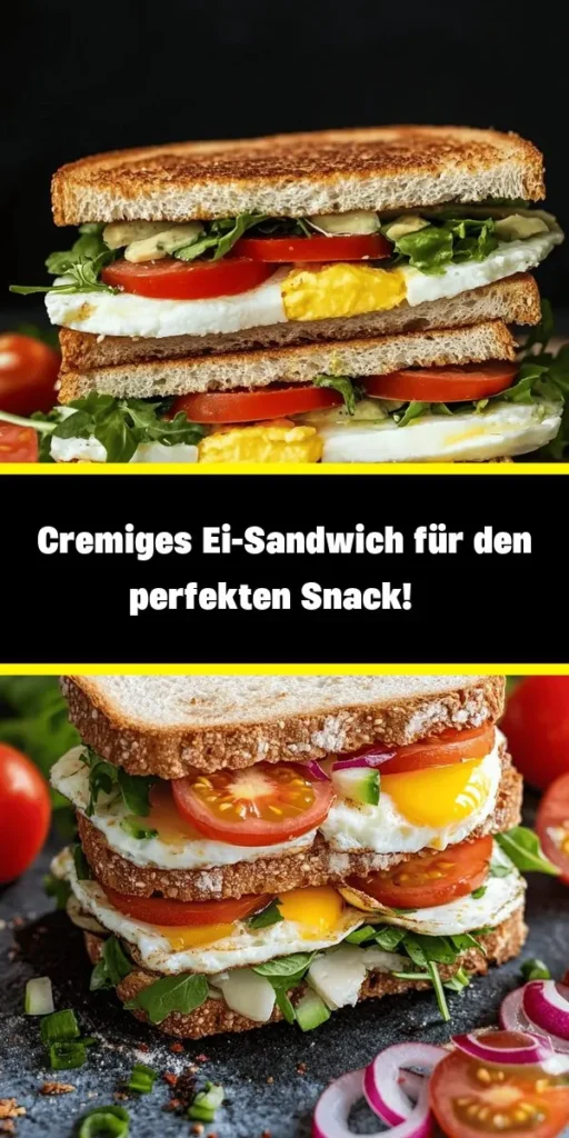 Entdecke das Rezept für ein cremiges Ei-Sandwich, das perfekt für ein schnelles Mittagessen oder einen Snack ist! Mit einer köstlichen Mischung aus gekochten Eiern, Mayonnaise, Dijon-Senf und frischem Schnittlauch wird dieses Sandwich garantiert zum Hit. Serviere es auf Vollkornbrot mit frischem Kopfsalat und Tomatenscheiben für den perfekten Geschmack. Schnell zubereitet und einfach lecker – die ideale Wahl für jeden Tag!