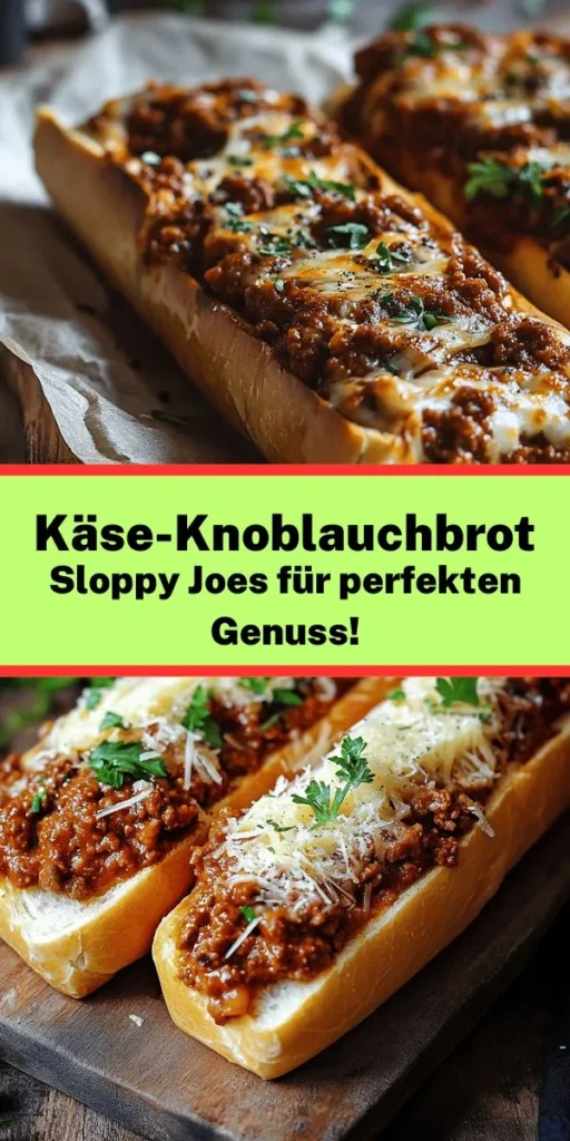 Entdecke unser köstliches Rezept für käsige Knoblauchbrot Sloppy Joes! Diese Kombination aus knusprigem, mit Knoblauchbutter bestrichenem Brot, überbacken mit schmelzendem Mozzarella und Parmesan, und herzhafter Sloppy Joe-Füllung, ist ein echtes Geschmackserlebnis. Einfach und perfekt für Familienessen oder Partys. Mit einer Zubereitungszeit von nur 15 Minuten und insgesamt 30 Minuten bist du schnell bereit für leckeres Essen. Probiere es aus!