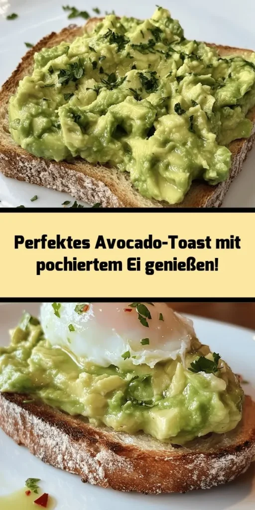 Entdecke das perfekte Frühstück mit diesem Rezept für Avocado-Toast mit einem perfekt pochierten Ei. In nur 20 Minuten zauberst du dir und einer weiteren Person eine leckere und nahrhafte Mahlzeit. Das geröstete Vollkornbrot wird mit cremiger Avocado, frischem Zitronensaft und Gewürzen der Wahl belegt, bevor du das pochierte Ei daraufsetzt. Mit Kräutern und optionalen Chiliflocken garnieren und genießen! Ideal für jede Tageszeit.