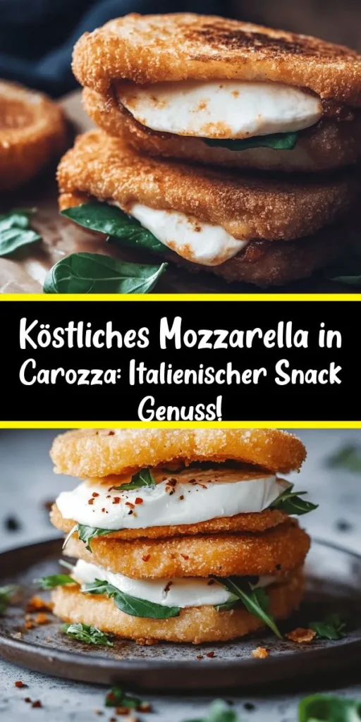 Entdecken Sie die köstliche italienische Delikatesse Mozzarella in Carozza! Mit frischem Mozzarella, knusprigem Sandwichbrot und einer goldbraunen Panade wird dieses Gericht zum perfekten Snack oder Hauptgericht. Die einfache Zubereitung umfasst das Frittieren der panierten Sandwiches bis sie goldig und knusprig sind. Servieren Sie sie warm mit einer Beilage von Tomatensauce oder frischem Salat. Ein Genuss, den Sie lieben werden!