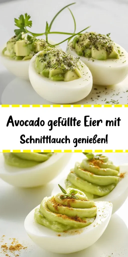 Entdecke das köstliche Rezept für perfekt gefüllte Eier mit Avocado und Schnittlauch! Diese gesunde und schmackhafte Snack-Option ist einfach zuzubereiten und voller frischer Aromen. Ideal für Parties oder als leichtes Mittagessen. Die Kombination aus cremiger Avocado, griechischem Joghurt und Dijon-Senf verleiht den Eiern eine besondere Note. Kühle sie vor dem Servieren, um den Geschmack zu intensivieren! Probiere es aus und beeindrucken deine Gäste!
