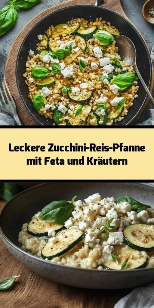 Entdecke die köstliche Zucchini-Reis-Pfanne mit Feta und Kräutern! Diese einfache und gesunde Rezeptidee kombiniert cremigen Risotto- oder Basmati-Reis mit frisch angebratenen Zucchini, aromatischer Zwiebel und Knoblauch. Abgerundet mit Feta, frischer Petersilie und einem Spritzer Zitronensaft wird jedes Biss zu einem Genuss. Perfekt als leichtes Mittagessen oder Beilage. Probiere es aus und bringe Farbe auf deinen Teller!