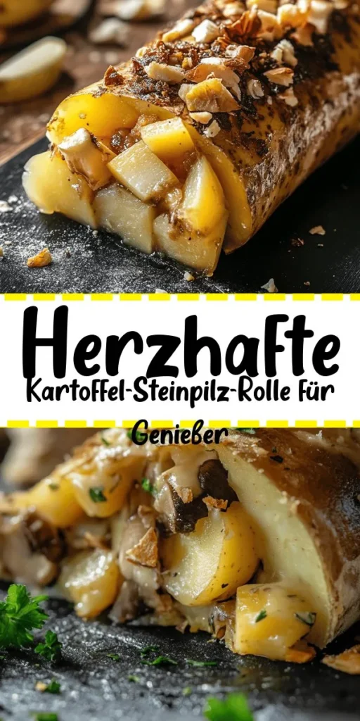 Entdecke das köstliche Rezept für Kartoffel-Steinpilz-Rolle! Diese herzhafte Rolle kombiniert festkochende Kartoffeln mit aromatischen Steinpilzen, Zwiebeln und einer cremigen Füllung aus Creme Fraiche und Parmesan. Sie ist einfach zuzubereiten und wird im Ofen knusprig gebacken. Ideales Rezept für ein gemütliches Abendessen oder ein besonderes Buffet. Serviere die Scheiben warm mit einem leckeren Dip und genieße jeden Bissen!