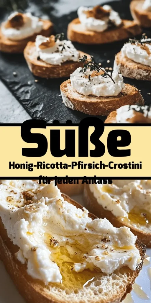 Entdecke den perfekten Sommer-Snack mit diesen Honig-Ricotta-Pfirsich-Crostini! Frische, knusprige Baguettes oder Ciabatta werden mit einer cremigen Ricotta-Honig-Mischung bestrichen und mit saftigen Pfirsichscheiben und aromatischem Thymian belegt. Einfach zuzubereiten und ideal für Partys oder als leichter Appetizer. Garniere sie mit Minzblättern für den letzten Schliff und genieße diesen köstlichen Genuss!