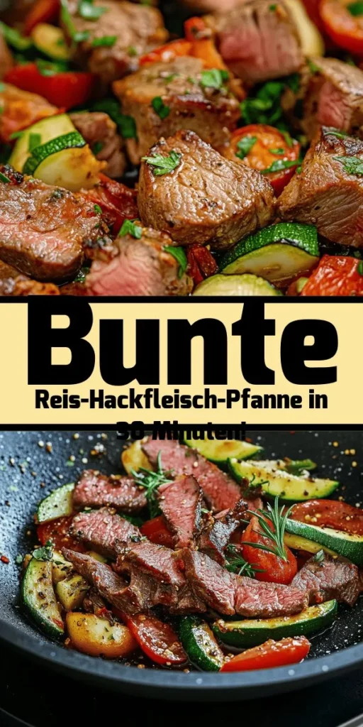 Entdecken Sie diese köstliche Reis-Hackfleisch-Pfanne mit buntem Gemüse! Dieses Rezept kombiniert zartes Hackfleisch, aromatischen Reis, frisches Gemüse sowie köstliche Gewürze für ein schnelles und einfaches Abendessen. In nur 30 Minuten zaubern Sie eine gesunde Mahlzeit für die ganze Familie, die nicht nur lecker ist, sondern auch farbenfroh auf dem Teller daherkommt. Perfekt zum Teilen und Genießen! Garnieren Sie es mit frischer Petersilie oder Basilikum für das gewisse Etwas.