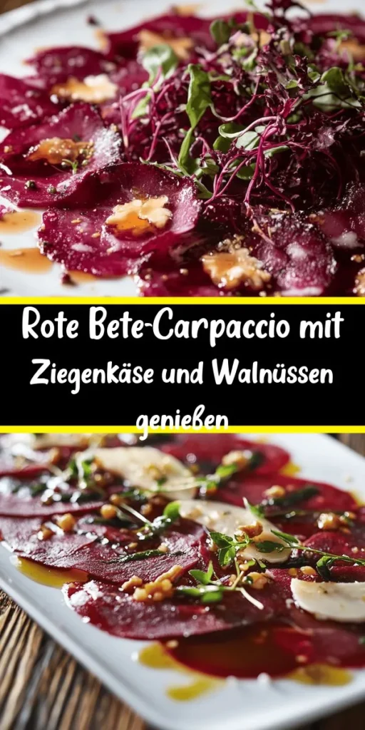 Entdecken Sie das köstliche Rezept für Rote Bete-Carpaccio mit Ziegenkäse und Walnüssen! Dieses einfach zuzubereitende Gericht kombiniert die erdige Süße der gekochten Roten Bete mit dem cremigen Ziegenkäse und crunchigen Walnüssen. Ein leichtes und gesundes Gericht, ideal für Vorspeisen oder ein leichtes Mittagessen. Mit einem aromatischen Dressing aus Olivenöl, Balsamico-Essig und Honig abgerundet, wird es durch frischen Rucola perfekt ergänzt. Genießen Sie es frisch oder gekühlt.