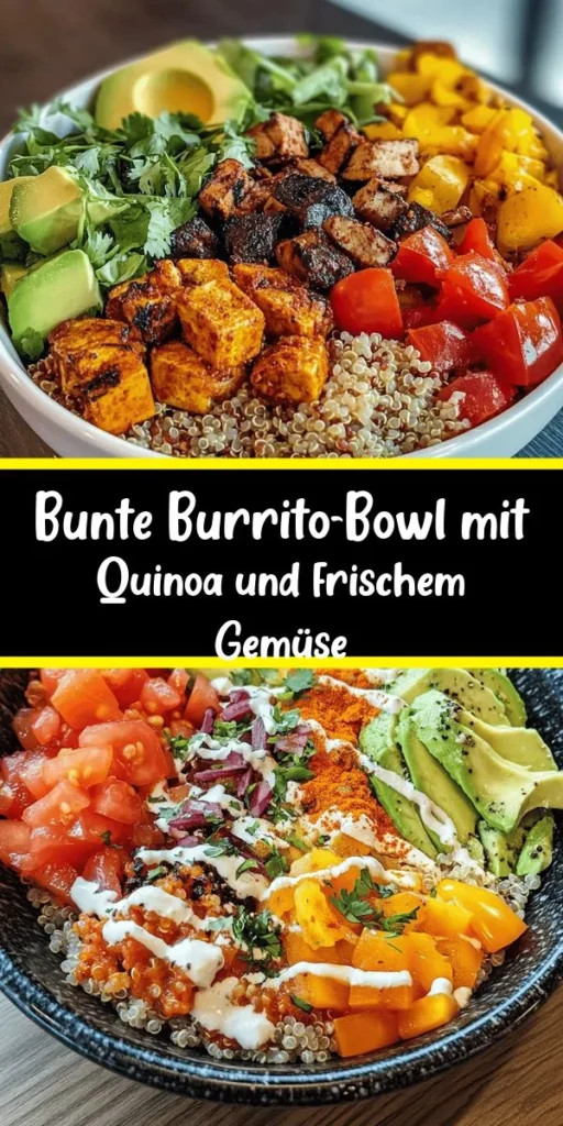 Entdecke die farbenfrohe Bunte Burrito-Bowl, perfekt für eine gesunde Mahlzeit! Diese leckere Bowl vereint Quinoa, schwarze Bohnen, frisches Gemüse und Avocado zu einem köstlichen Gericht. Verfeinert mit Limettensaft, Kreuzkümmel und Paprika, bietet sie nicht nur Geschmack, sondern auch eine Explosion an Farben. Schnelle Zubereitung in nur 30 Minuten – ideal für vier Portionen. Garniere mit knackigen Tortilla-Chips und genieße!