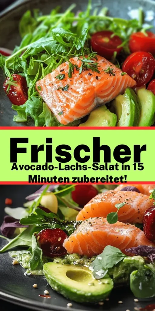 Entdecke dieses frische und gesunde Avocado-Lachs-Salat Rezept, perfekt für einen leichten Mittagessen oder Abendessen. Mit zartem Lachs, cremiger Avocado und knackigem Blattsalat ist dieser Salat nicht nur nährstoffreich, sondern auch super lecker. Bereite ihn in nur 15 Minuten zu und genieße die Kombination aus frischen Zutaten und einem einfachen Dressing aus Olivenöl und Dijon-Senf. Probiere es aus und bring Farbe auf deinen Tisch!