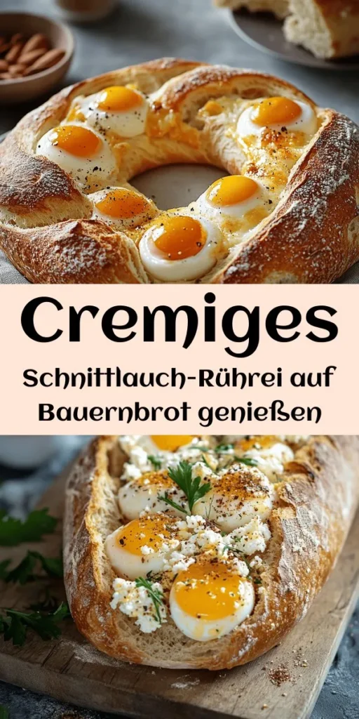Genieße ein köstliches Frühstück mit diesem Rezept für Schnittlauch-Rührei auf Bauernbrot. Mit frischen Eiern, feinem Schnittlauch und cremiger Milch oder Sahne zubereitet, sind diese Rühreier perfekt für einen energiereichen Start in den Tag. Röste das Bauernbrot goldbraun und belege es großzügig mit den zarten Rühreiern. Optional kannst du es mit frischem Käse oder Feta verfeinern. Ein schneller und geschmackvoller Genuss in nur 15 Minuten!