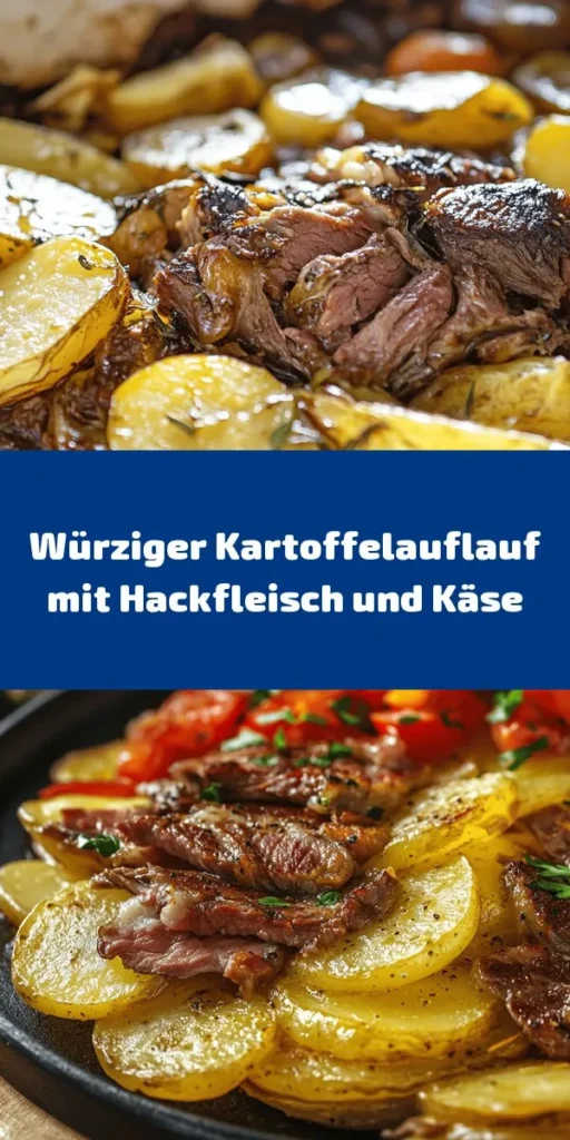 Genießen Sie einen herzhaften Pikanter Kartoffelauflauf mit Hackfleisch, perfekt für ein gemütliches Abendessen! Dieser Rezeptmix aus festkochenden Kartoffeln, saftigem Hackfleisch, buntem Gemüse und einer cremigen Käseschicht ist einfach zuzubereiten. Schichten Sie die Zutaten, gießen Sie die Eier-Sahne-Mischung darüber und backen Sie alles goldbraun. Ideal für die ganze Familie! Perfekt für 4 Portionen, in nur 70 Minuten auf dem Tisch.
