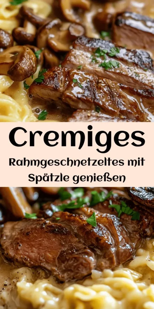 Entdecke ein gemütliches Gericht mit diesem Rahmgeschnetzelten mit Spätzle! Zartes Rinderfilet wird zusammen mit Zwiebeln und Champignons in einer cremigen Sauce aus Sahne und Dijon-Senf zubereitet. Perfekt ergänzt wird es durch frisch zubereitete Spätzle, die goldbraun in Butter geröstet werden. Ideal für ein herzhaftes Familienessen. Mit frischer Petersilie dekoriert, ist dieses Gericht ein Genuss für alle Sinne! Einfach nachkochen und genießen!