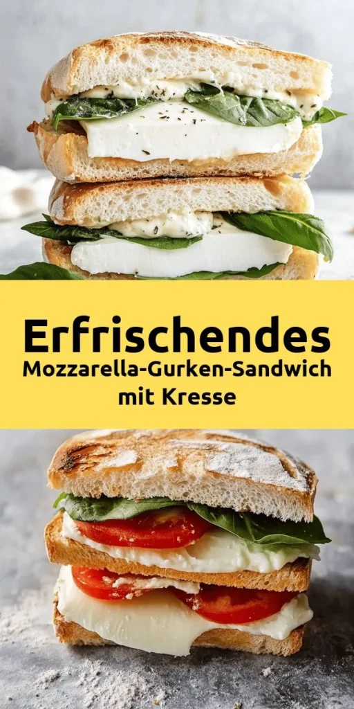 Entdecke den frischen Genuss mit diesem leckeren Mozzarella-Gurken-Sandwich mit Kresse! Schnell und einfach in nur 15 Minuten zubereitet, vereint es gesunde Zutaten wie Vollkornbrot, frischen Mozzarella, knackige Gurke und aromatische Kresse. Mit einer cremigen Frischkäse-Balsamico-Mischung als Basis wird es zu einem perfekten Snack oder Lunch. Ideal für warme Tage oder als leichte Mahlzeit. Probiere es aus und genieße den Geschmack!