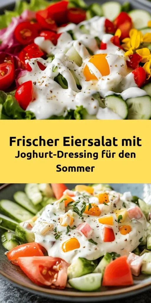 Entdecke diesen erfrischenden Eiersalat mit Joghurt-Dressing, perfekt für warme Tage oder als leichtes Mittagessen! Mit einfachen Zutaten wie gekochten Eiern, griechischem Joghurt, frischen Kräutern und knackigem Gemüse zauberst du im Handumdrehen eine köstliche und cremige Mischung. In nur 30 Minuten zubereitet, ist dieser Salat ideal für gesundheitsbewusste Genießer. Serviere ihn auf einem Bett aus frischem Salat für ein extra frisches Geschmackserlebnis!