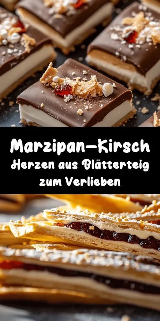 Entdecke die süßen Blätterteigherzen mit einer unwiderstehlichen Marzipan-Kirsch-Füllung! Mit frischem oder tiefgefrorenem Blätterteig, einfacher Füllung aus Marzipan, Kirschen, Honig und Vanille wird dieses Rezept zum perfekten Dessert für jeden Anlass. Die zarten Herzen sind einfach zuzubereiten und sehen mit Puderzucker bestäubt einfach bezaubernd aus. Genieße diese Leckerei warm oder bei Zimmertemperatur und teile die Liebe!
