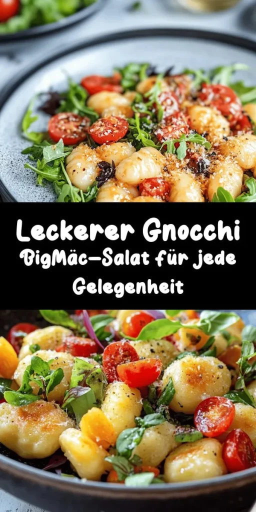 Entdecken Sie den Gnocchi BigMäc-Salat, ein kreatives und leckeres Gericht, das Burgerliebhaber begeistern wird! Mit zarten Gnocchi, herzhaftem Rinderhack, knackigen Gurken und süßen Cherry-Tomaten vereint dieser Salat die besten Aromen eines klassischen Burgers. Das cremige Dressing aus Mayonnaise, Ketchup und Senf rundet das Ganze perfekt ab. Ideal für eine schnelle Mahlzeit oder als Beilage bei Ihrem nächsten Grillfest. Einfach zubereiten und genießen!