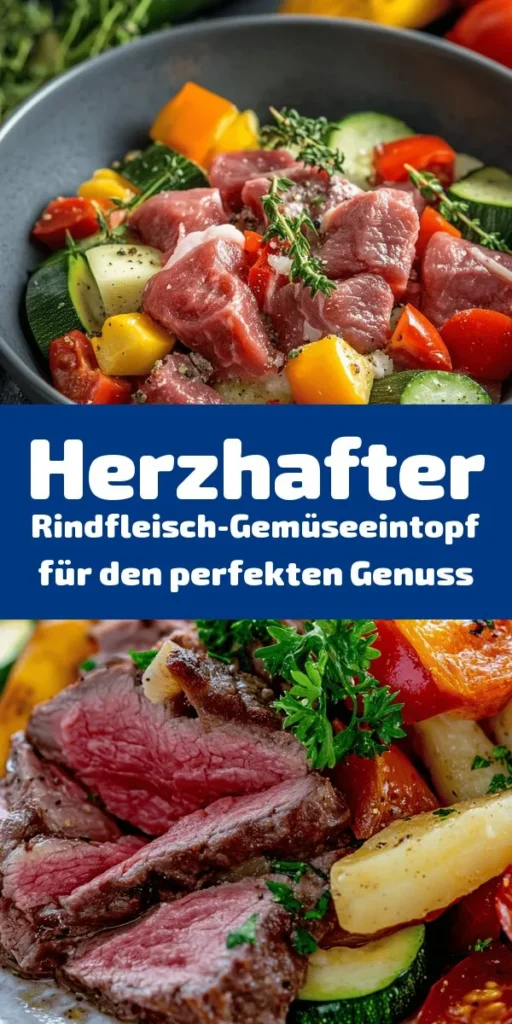 Genießen Sie diesen herzhaften bunten Gemüseeintopf mit zartem Rindfleisch! Mit einer Vielzahl an frischem Gemüse wie Karotten, Zucchini und Paprika wird dieser Eintopf zu einem echten Genuss. Einfach zuzubereiten, köchelt er sanft, bis das Fleisch perfekt zart ist. Ideal für gemütliche Abendessen! Servieren Sie ihn heiß mit frischem Brot für die perfekte Mahlzeit. Ein Rezept, das die ganze Familie lieben wird!