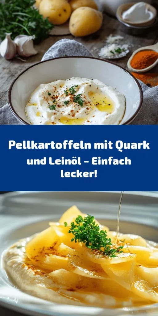 Entdecke den köstlichen Genuss von Pellkartoffeln mit Quark und Leinöl! Diese einfache und gesunde Mahlzeit ist perfekt für jedes Wetter. Koche festkochende Kartoffeln bis sie weich sind und kombiniere sie mit einer cremigen Quarkmischung aus frischem Schnittlauch und aromatischer Zwiebel. Ein Hauch von Leinöl und das optionale Senf verleihen dem Gericht das gewisse Etwas. Ideal für ein schnelles Mittagessen oder als Beilage. Lecker und nahrhaft!
