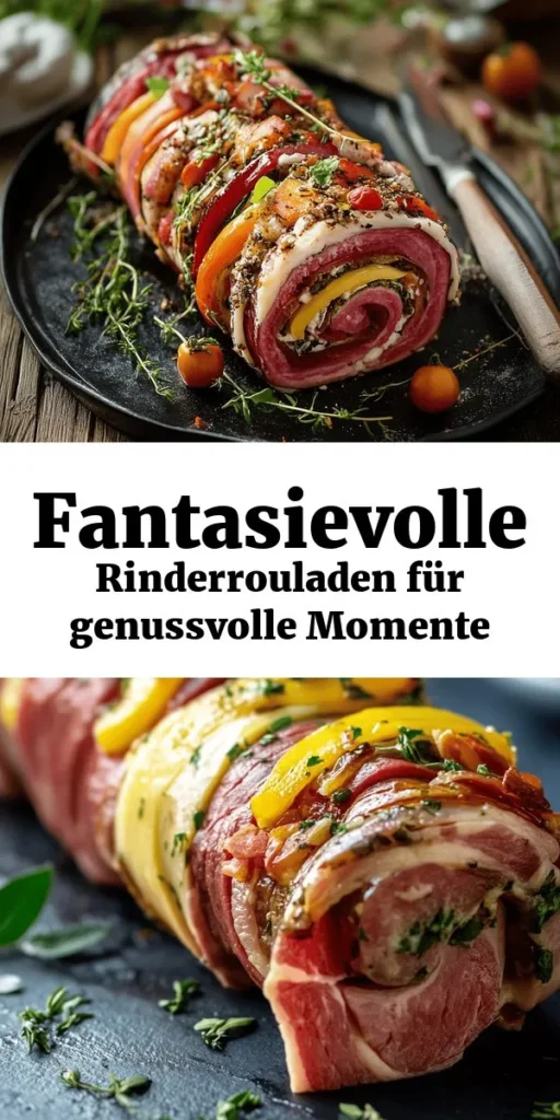 Genieße das köstliche Rezept für Rinderroulade à la Fantasie! Diese zarten, gefüllten Rinderrouladen sind mit einer würzigen Senf-Mischung, Speck und frischem Gemüse gefüllt. Die Rouladen werden goldbraun angebraten und dann in einer herzhaften Brühe geschmort, bis sie perfekt zart sind. Serviere sie mit Kartoffelpüree oder Knödel für ein unvergessliches Dinner. Ein ideales Gericht für besondere Anlässe oder auch für ein gemütliches Familienessen.