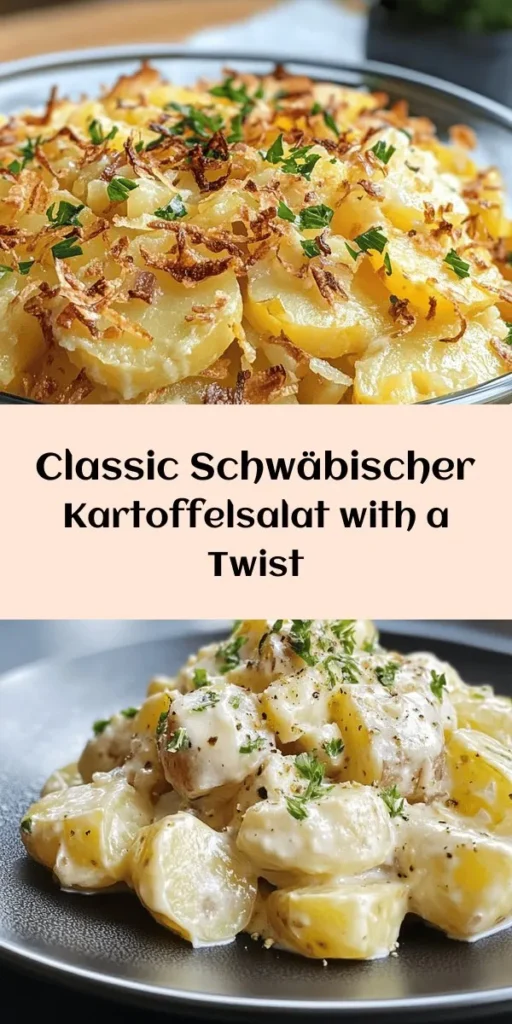 Entdecken Sie den leckeren Schwäbischen Kartoffelsalat à la Tradition! Dieser einfache und herzhafte Salat wird aus festkochenden Kartoffeln, frischen Zwiebeln und einer köstlichen Gemüsebrühe zubereitet. Mit Apfelessig, Senf und einem Hauch Zucker ist er eine wahre Geschmacksexplosion. Perfekt für Grillabende oder als Beilage! Lassen Sie die Aromen sich entfalten und garnieren Sie ihn mit frischem Schnittlauch. Probieren Sie es aus! Vorbereitungszeit, Gesamtzeit, Portionen: 20 Minuten | 1 Stunde | 4 Portionen.