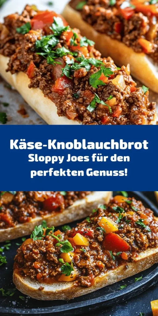 Entdecke das perfekte Comfort Food mit diesen käsigen Knoblauchbrot Sloppy Joes! Saftiges Rinderhackfleisch kombiniert mit aromatischem Knoblauch, Paprika und einer köstlichen Tomatensauce, alles auf knusprigem knoblauchbrot und mit geschmolzenem Käse gekrönt. Ideal für gesellige Abendessen oder einen schnellen Snack. In nur 40 Minuten zubereitet und perfekt zum Teilen! Garnier mit frischer Petersilie für den letzten Schliff. Genuss pur!