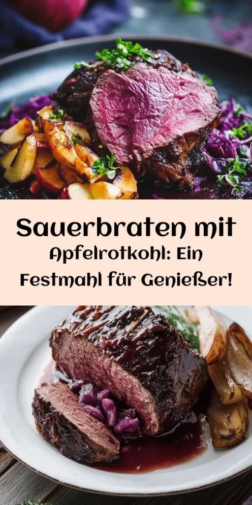 Genießen Sie ein Stück deutscher Tradition mit diesem köstlichen Rezept für Sauerbraten mit Apfelrotkohl! Dieses zarte Rinderbraten-Gericht wird über Tage in einer aromatischen Marinade aus Rotwein, Apfelessig und Gewürzen eingelegt, um einen unvergesslichen Geschmack zu erzielen. Serviert mit einem fruchtigen Apfelrotkohl, ist es perfekt für besondere Anlässe oder ein gemütliches Abendessen. Ideal für 6 Personen – perfektes Comfort Food!