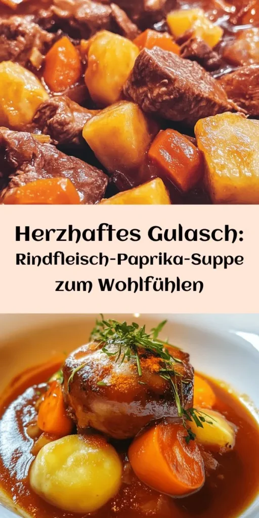 Entdecke dieses herzhaft köstliche Gulasch-Rezept, das perfekt für kalte Tage ist! Mit zartem Rindfleisch, bunten Paprika und frischem Gemüse wird dieses Gericht schnell zum Familienliebling. Einfach in einem großen Topf zubereitet, vereint es würzige Aromen und eine reichhaltige Brühe. Lass das Gulasch 1,5 bis 2 Stunden köcheln, während der köstliche Duft dein Zuhause erfüllt. Garnieren mit frischer Petersilie und ab auf den Tisch! Perfekt für 4-6 Portionen.