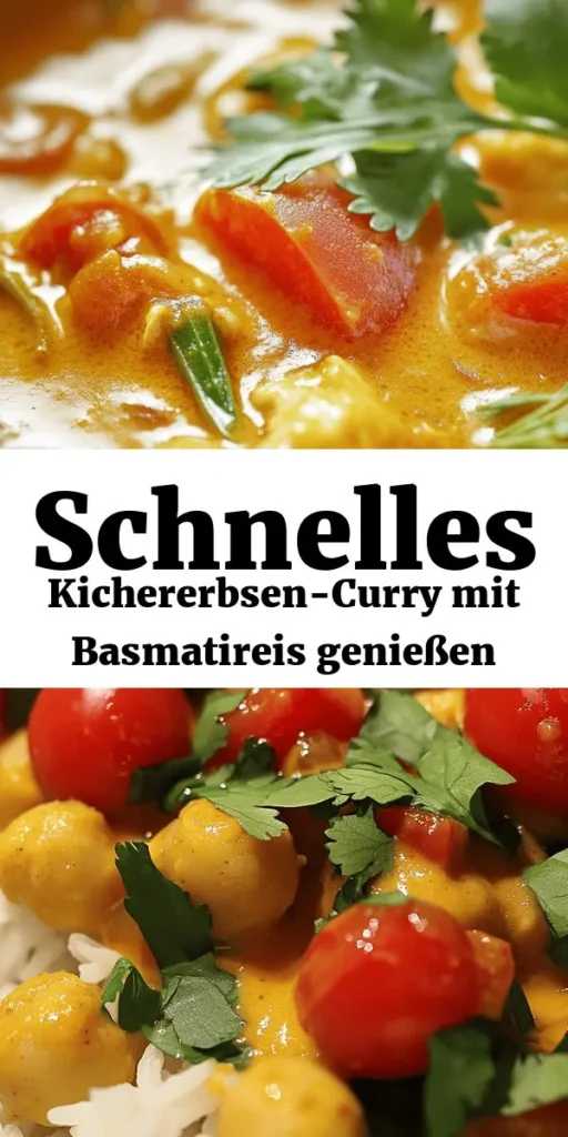 Entdecke dieses köstliche Kichererbsen-Curry mit Reis, das in nur 40 Minuten zubereitet ist! Mit zarten Kichererbsen, aromatischen Gewürzen und cremiger Kokosmilch ist dieses Gericht nicht nur gesund, sondern auch vegan und glutenfrei. Perfekt für ein schnelles Abendessen oder Meal Prep. Garnier es mit frischem Koriander und Limettensaft für das gewisse Extra. Ein tolles Rezept für alle, die Curry lieben! #Vegan #Curry #Rezept