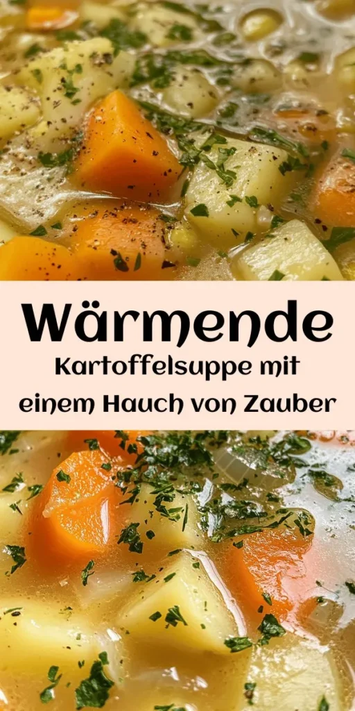 Genieße eine köstliche Herzhafte Kartoffelsuppe mit einem Hauch von Magie! Dieses Rezept vereint zarte Kartoffeln, frisches Gemüse und aromatische Gewürze zu einer wärmenden Vorspeise. Einfach vorzubereiten, gekocht in nur 40 Minuten und perfekt für 4 Portionen. Verfeinere die Suppe mit etwas Milch und frischen Kräutern für den letzten Schliff. Ideal für kalte Tage oder als herzhaftes Familienessen. Lass dich von dieser cremigen, geschmackvollen Suppe verzaubern!