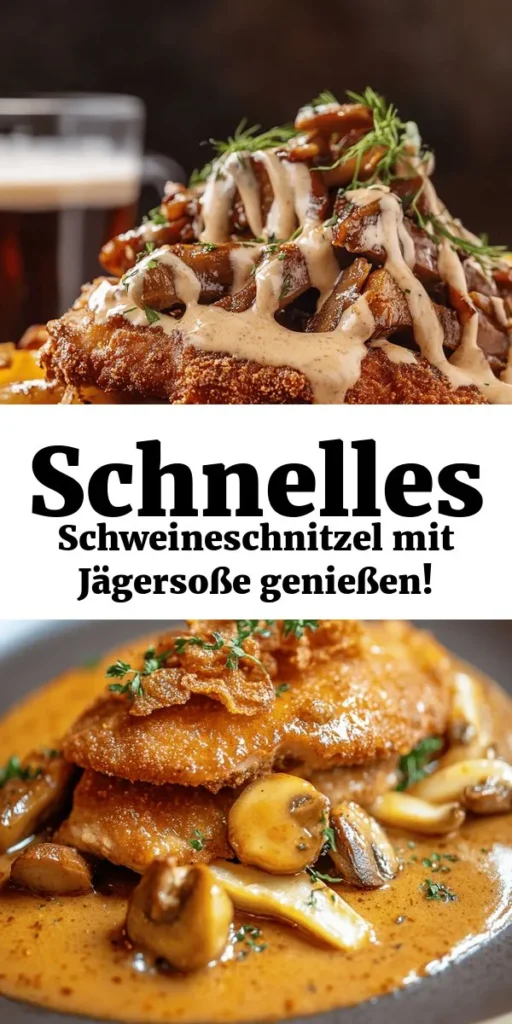 Entdecken Sie den deutschen Klassiker Schweineschnitzel à la Jägermeister! Diese köstliche Kombination aus zarten, knusprig gebratenen Schnitzeln und einer cremigen Champignon-Jägersoße bringt Heimat auf den Tisch. Mit einfachen Zutaten und einer unkomplizierten Zubereitung, ist dieses Gericht perfekt für ein herzhaftes Abendessen. Bereiten Sie sich auf Geschmackserlebnisse vor, die begeistern! Ideal für 4 Personen, in nur 50 Minuten fertig.