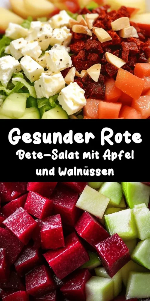 Entdecke die frische und gesunde Genusswelt mit diesem Rote-Bete-Vitalitätssalat! Mit gekochter Rote Bete, knackigem Granny Smith-Apfel und gerösteten Walnüssen ist dieser Salat sowohl nährstoffreich als auch köstlich. Ein einfaches Dressing aus Olivenöl, Balsamico-Essig und Honig rundet das Geschmackserlebnis ab. Ideal als Beilage oder leichtes Hauptgericht, schön garniert mit Feta und frischen Kräutern. Probiere es jetzt aus!