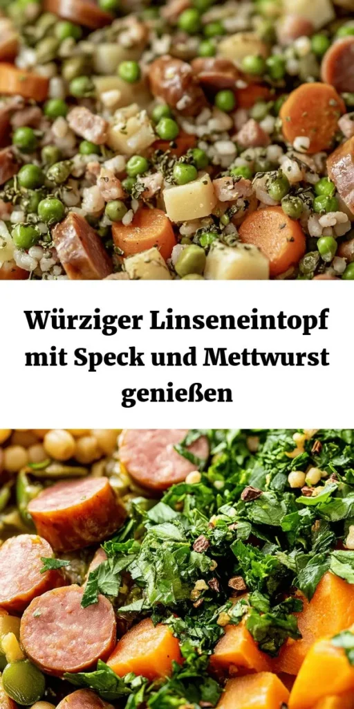 Entdecken Sie den köstlichen Geschmack eines herzhaft-würzigen Linseneintopfs mit Speck und Mettwurst! Dieses einfache Rezept kombiniert grüne Linsen, knackigen Speck, aromatische Zwiebeln, frisches Gemüse und Gewürze zu einem warmen, sättigenden Gericht. Perfekt für kalte Tage, ist dieser Eintopf in nur einer Stunde zubereitet und reicht für die ganze Familie. Garnieren Sie ihn mit frischer Petersilie und genießen Sie jeden Löffel!