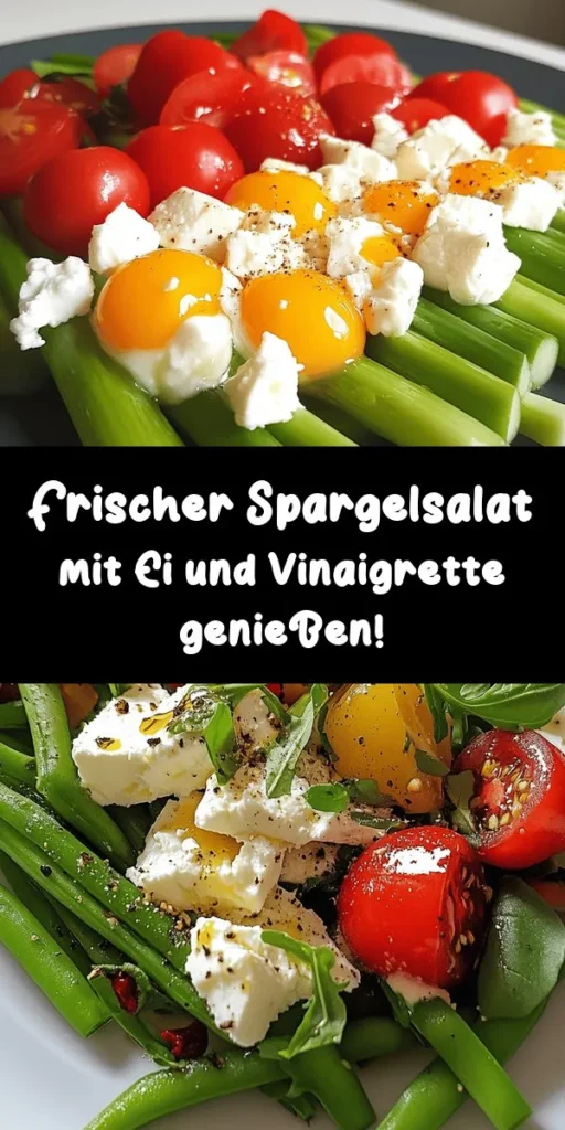 Erleben Sie den Frühling mit unserem köstlichen Spargelsalat mit Ei und Vinaigrette! Dieser gesunde und erfrischende Salat kombiniert zarten, blanchierten grünen Spargel, knackige Kirschtomaten, rote Zwiebel und zerbröselten Feta-Käse. Die hausgemachte Vinaigrette aus Olivenöl, Balsamico, Dijon-Senf und Gewürzen bringt alle Aromen perfekt zur Geltung. Ideal als leichtes Mittagessen oder als Beilage! Einfach zuzubereiten und garantiert ein Genuss.