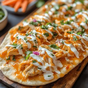 Buffalo Chicken Flatbread ist nicht nur ein Gericht, es ist ein Erlebnis für den Gaumen. Diese köstliche und einfache Mahlzeit eignet sich perfekt für einen schnellen Snack, ein leichtes Abendessen oder eine gesellige Zusammenkunft mit Freunden und Familie. Die Kombination aus würzigem Hähnchen, geschmolzenem Käse und frischem Gemüse macht dieses Rezept zu einem echten Genuss, der in kürzester Zeit zubereitet werden kann. Ob Sie es als Vorspeise zum Fußballspiel, als Hauptgericht oder als Teil eines Buffets genießen – Buffalo Chicken Flatbread begeistert durch seinen intensiven Geschmack und seine Vielseitigkeit.