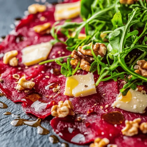 Rote Bete-Carpaccio ist nicht nur eine Augenweide, sondern auch ein kulinarisches Erlebnis, das sowohl den Gaumen als auch das Herz erfreut. Diese kreative Vorspeise ist die perfekte Symbiose aus erdigen, süßen Aromen der Rote Bete, der cremigen Textur von Ziegenkäse und dem knackigen Biss von Walnüssen. Dieses Gericht ist nicht nur für besondere Anlässe geeignet, sondern auch eine hervorragende Möglichkeit, um Deine Gäste mit einer gesunden und appetitlichen Vorspeise zu überraschen.