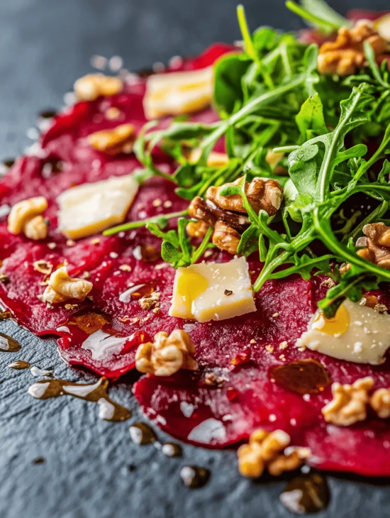 Rote Bete-Carpaccio ist nicht nur eine Augenweide, sondern auch ein kulinarisches Erlebnis, das sowohl den Gaumen als auch das Herz erfreut. Diese kreative Vorspeise ist die perfekte Symbiose aus erdigen, süßen Aromen der Rote Bete, der cremigen Textur von Ziegenkäse und dem knackigen Biss von Walnüssen. Dieses Gericht ist nicht nur für besondere Anlässe geeignet, sondern auch eine hervorragende Möglichkeit, um Deine Gäste mit einer gesunden und appetitlichen Vorspeise zu überraschen.