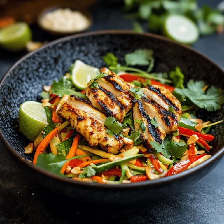 Der Thai Hähnchen-Salat mit Erdnüssen und Limette ist nicht nur ein Genuss für die Geschmacksknospen, sondern auch eine wahre Augenweide. Mit seinen leuchtenden Farben und aromatischen Aromen zieht dieser Salat alle Blicke auf sich und ist die perfekte Wahl für eine leichte Mahlzeit an warmen Tagen. Er kombiniert die knackige Frische von Gemüse mit dem zarten Geschmack von Hähnchenbrust, abgerundet durch die knusprige Textur der Erdnüsse und die spritzige Note der Limette.